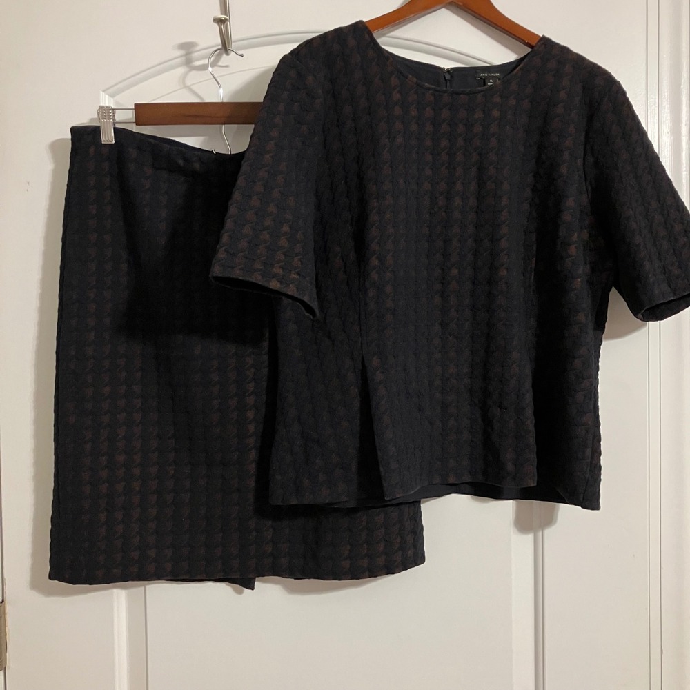Ann Taylor Navy Copper Jacquard Skirt Suit Set Top XL Skirt 14 Business Wear